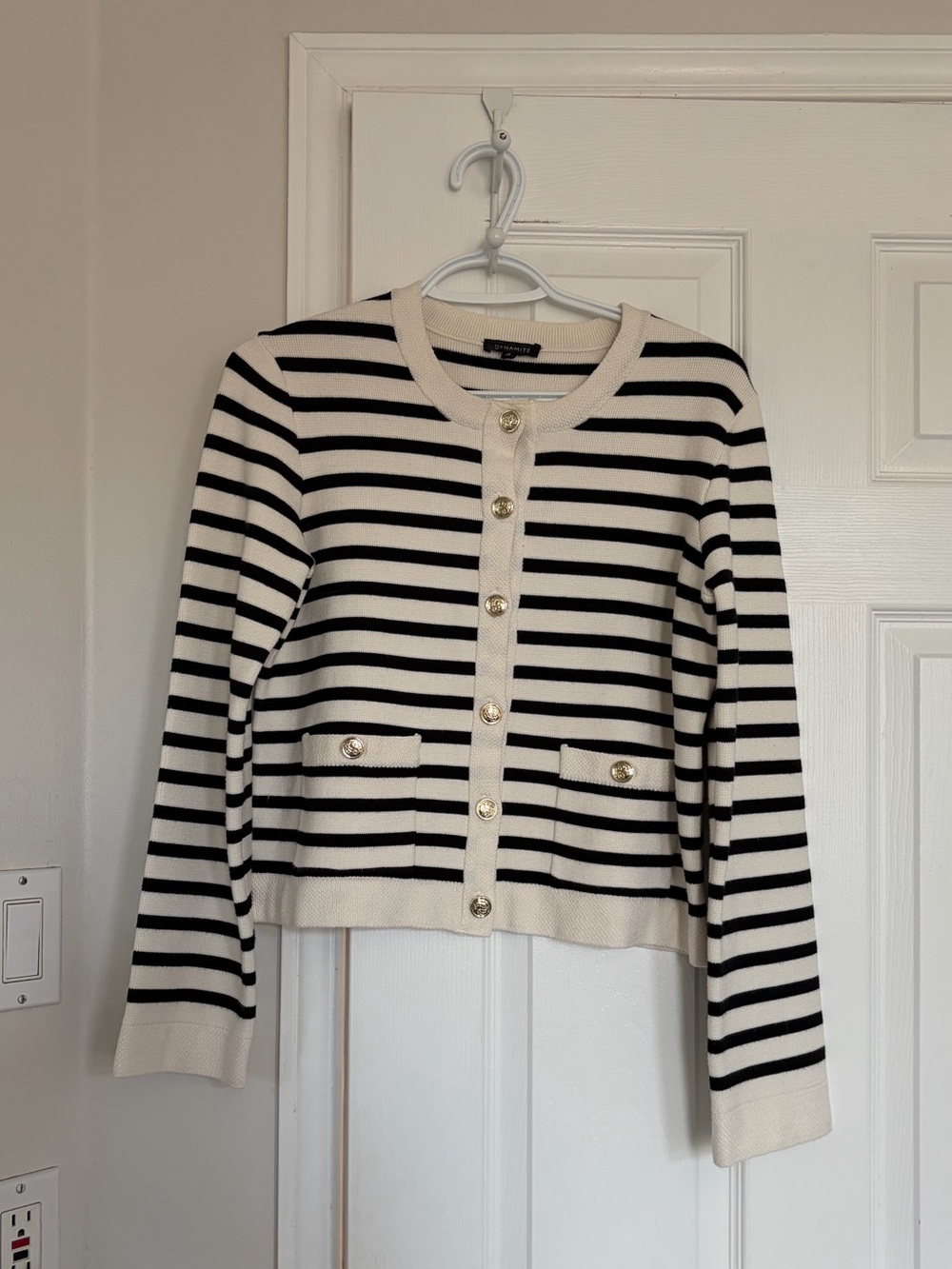 Dynamite Black & Cream Striped Crew Cardigan with Gold Buttons